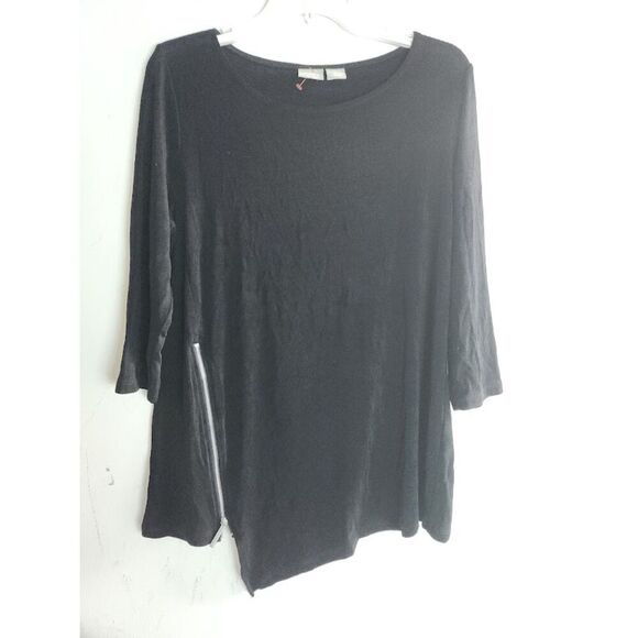 Chico's Travelers Black w/Silver Zip Detail Crew Neck Jersey Knit Blouse sz 2/14 - Picture 1 of 8